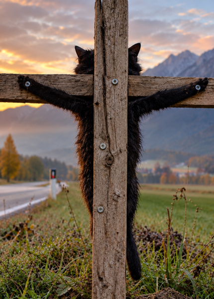 Katze erschossen und an Kreuz geschraubt